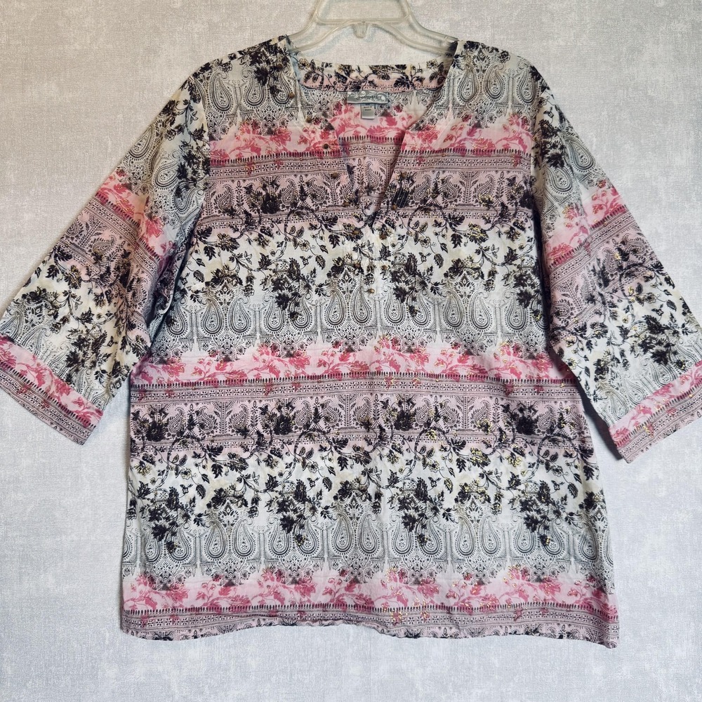 Dressbarn Top Womens 18/20 Pink Brown Paisley Floral 3/4 Sleeve Tunic Boho